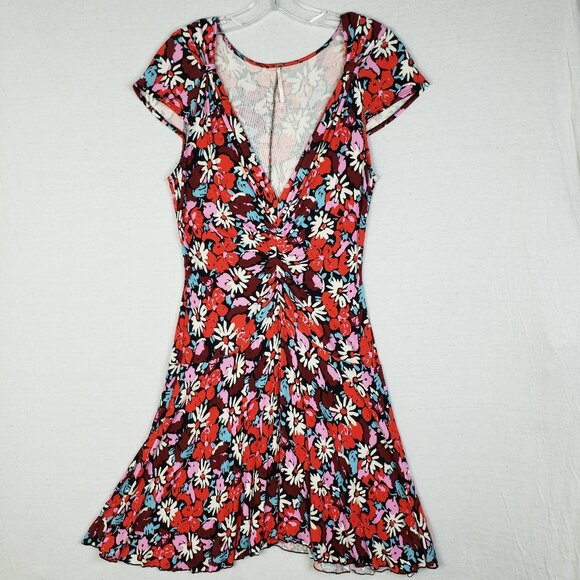 Free People Key to Your Heart Floral Mini Dress Ribbed Stretchy Bohemian size L - Picture 2 of 13